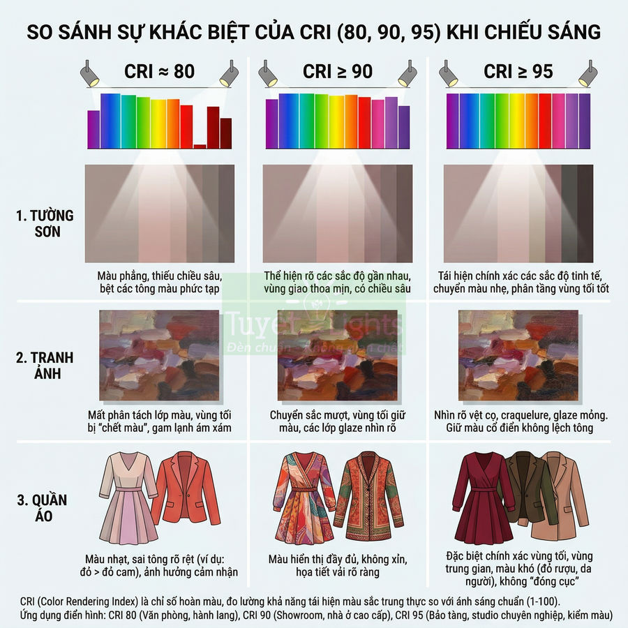 Bảng so sánh chỉ số hoàn màu CRI 80 90 95 cho tường sơn tranh ảnh và quần áo dưới các mức chiếu sáng khác nhau