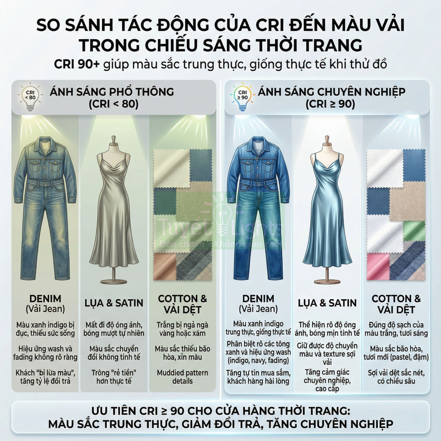 So sánh màu vải denim, lụa satin và cotton dưới ánh sáng CRI thấp và ánh sáng CRI cao trong cửa hàng thời trang