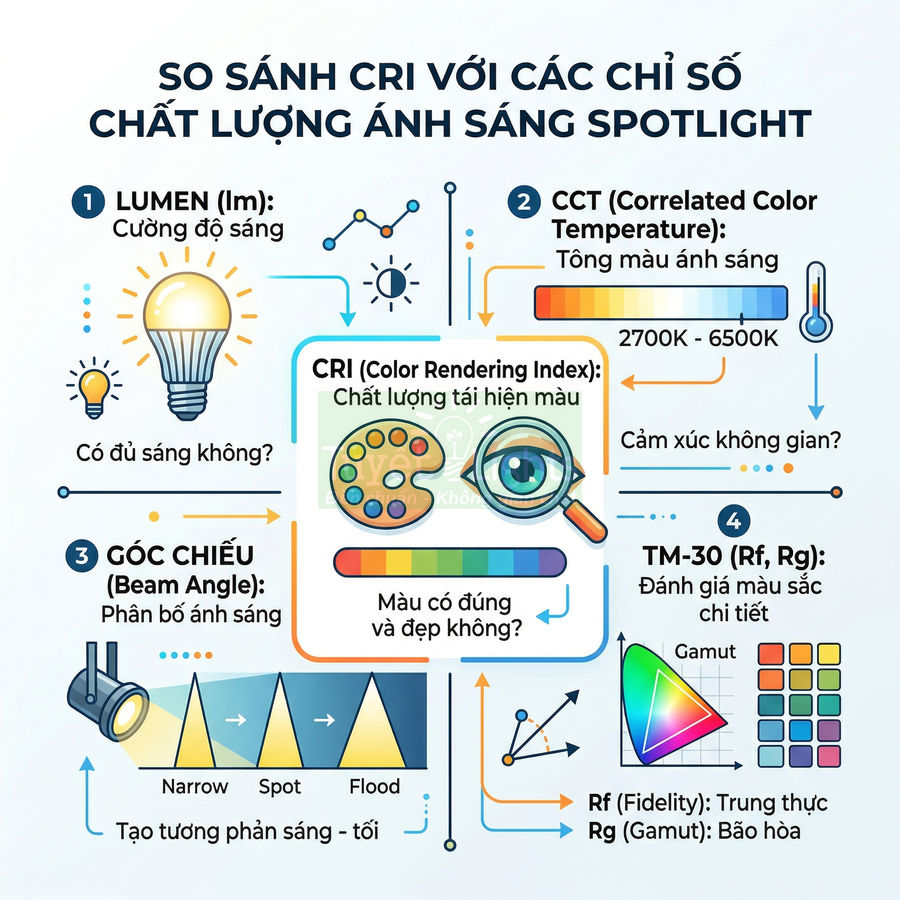Infographic so sánh chỉ số CRI với lumen, CCT, góc chiếu và TM-30 trong đánh giá chất lượng ánh sáng spotlight