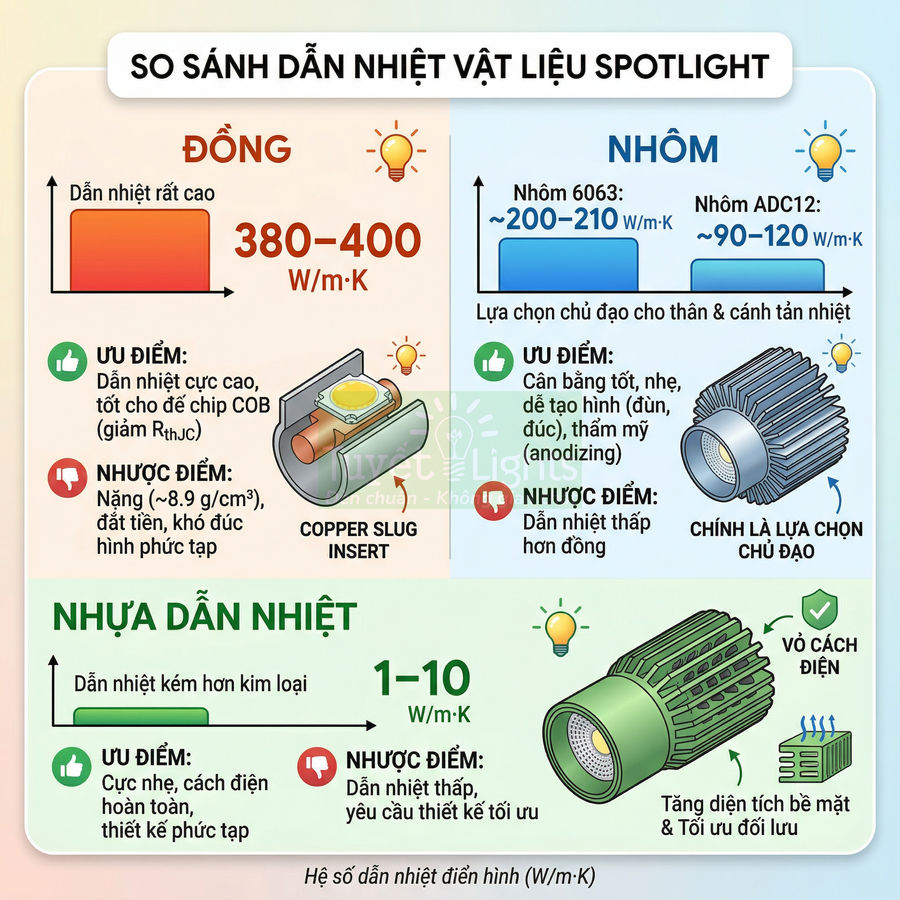 So sánh vật liệu đồng, nhôm và nhựa dẫn nhiệt dùng cho thân đèn spotlight LED