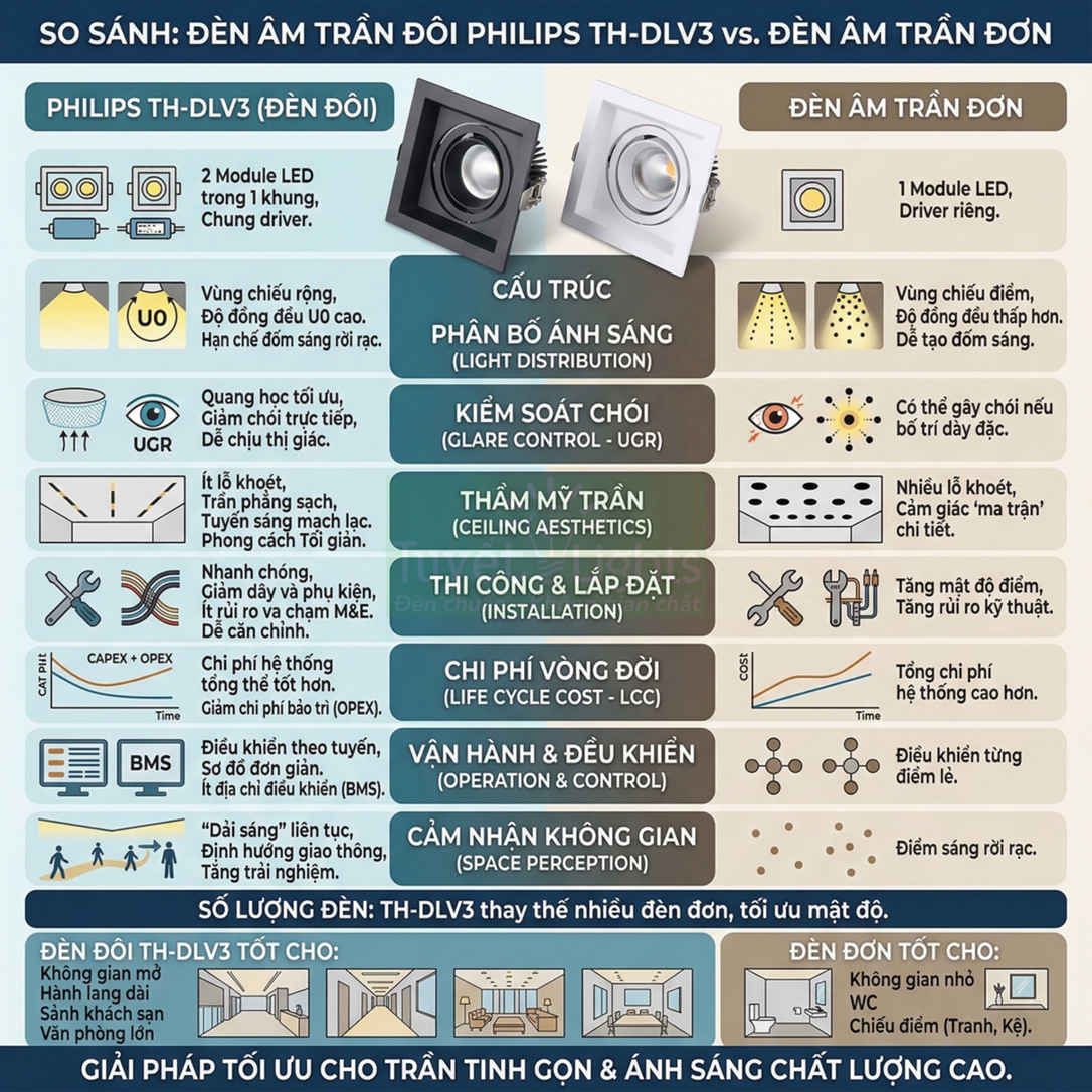 So sánh đèn âm trần đôi Philips TH DLV3 với đèn âm trần đơn về cấu trúc, ánh sáng và chi phí lắp đặt