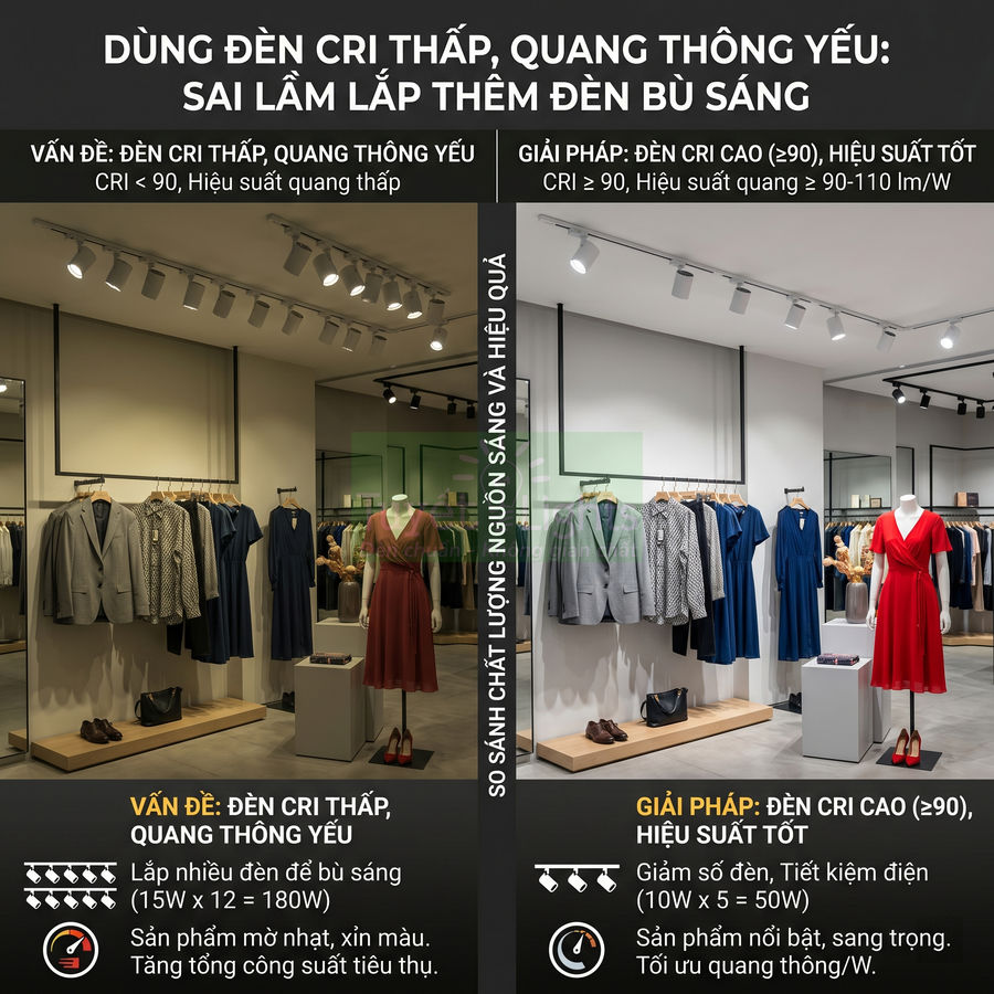 So sánh cửa hàng thời trang dùng đèn CRI thấp và đèn CRI cao, làm nổi bật màu sắc quần áo trên ma nơ canh