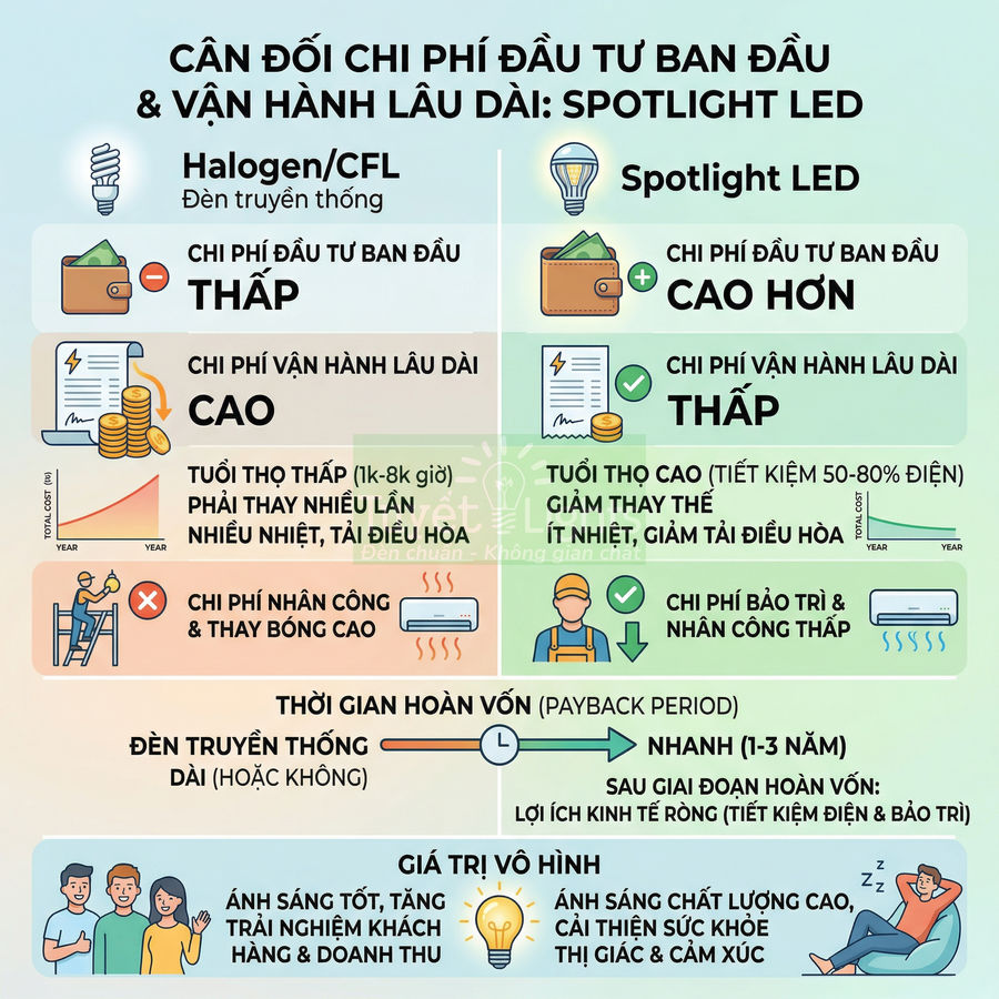 So sánh chi phí và lợi ích giữa đèn Halogen CFL truyền thống và đèn Spotlight LED tiết kiệm điện