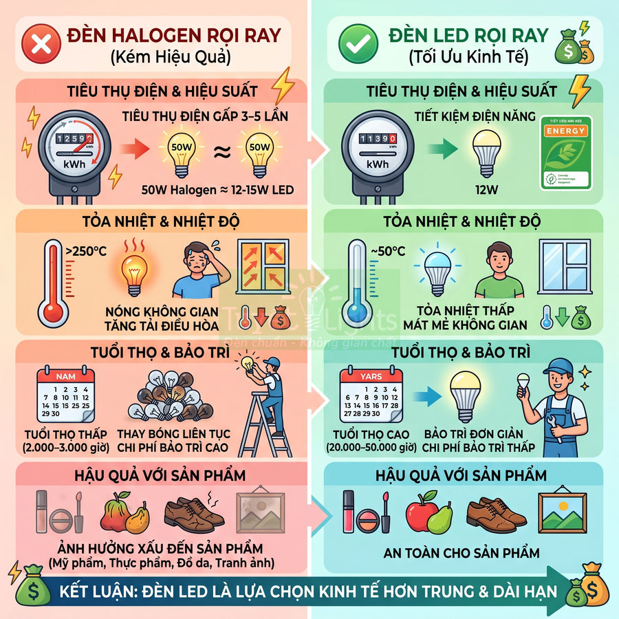 So sánh ưu nhược điểm đèn halogen rọi ray và đèn LED rọi ray về điện năng, nhiệt độ, tuổi thọ, ảnh hưởng sản phẩm