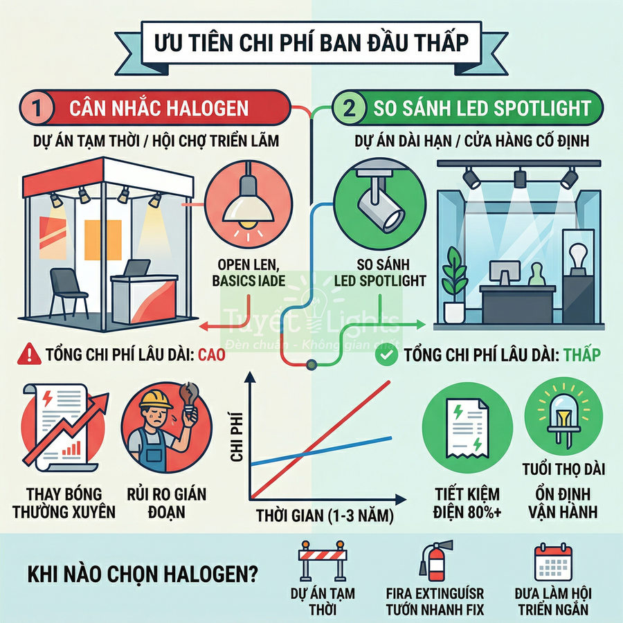 So sánh đèn halogen và đèn LED spotlight cho dự án trưng bày và cửa hàng, nhấn mạnh tiết kiệm chi phí lâu dài