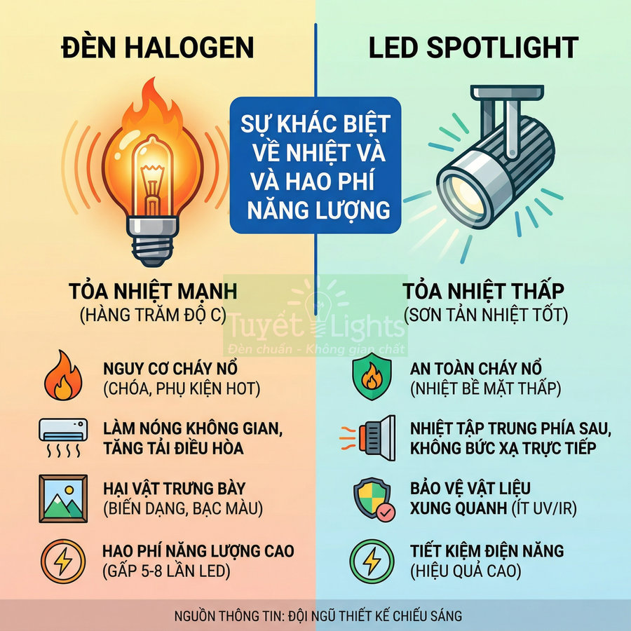So sánh đèn halogen và đèn LED spotlight về tỏa nhiệt, an toàn cháy nổ và mức tiết kiệm điện năng