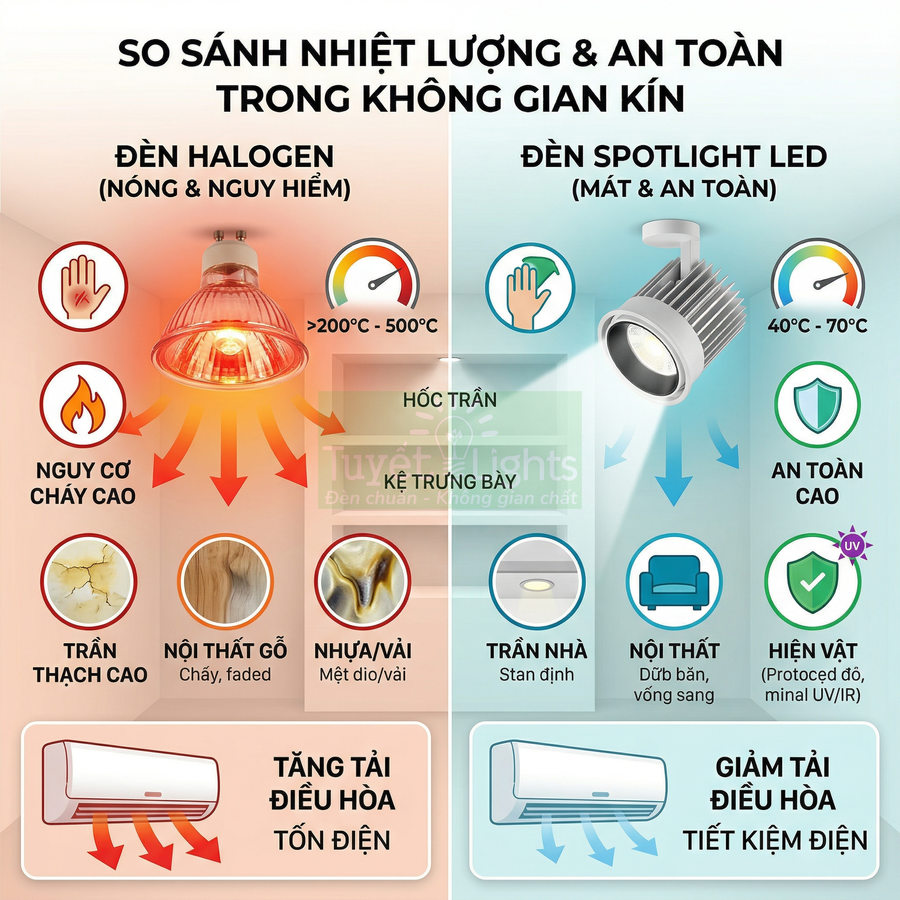 So sánh đèn halogen và đèn spotlight LED về nhiệt lượng, an toàn và tiết kiệm điện trong không gian kín