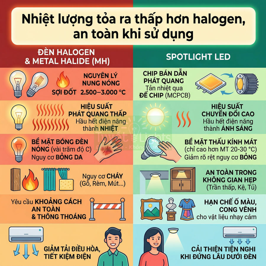 So sánh ưu điểm đèn spotlight LED tỏa nhiệt thấp, an toàn hơn so với đèn halogen và metal halide