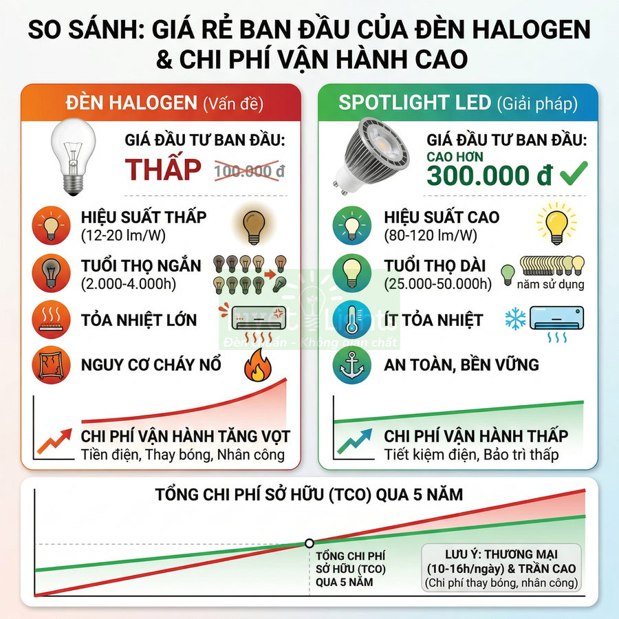 So sánh ưu nhược điểm và chi phí sở hữu đèn halogen với đèn spotlight LED tiết kiệm điện