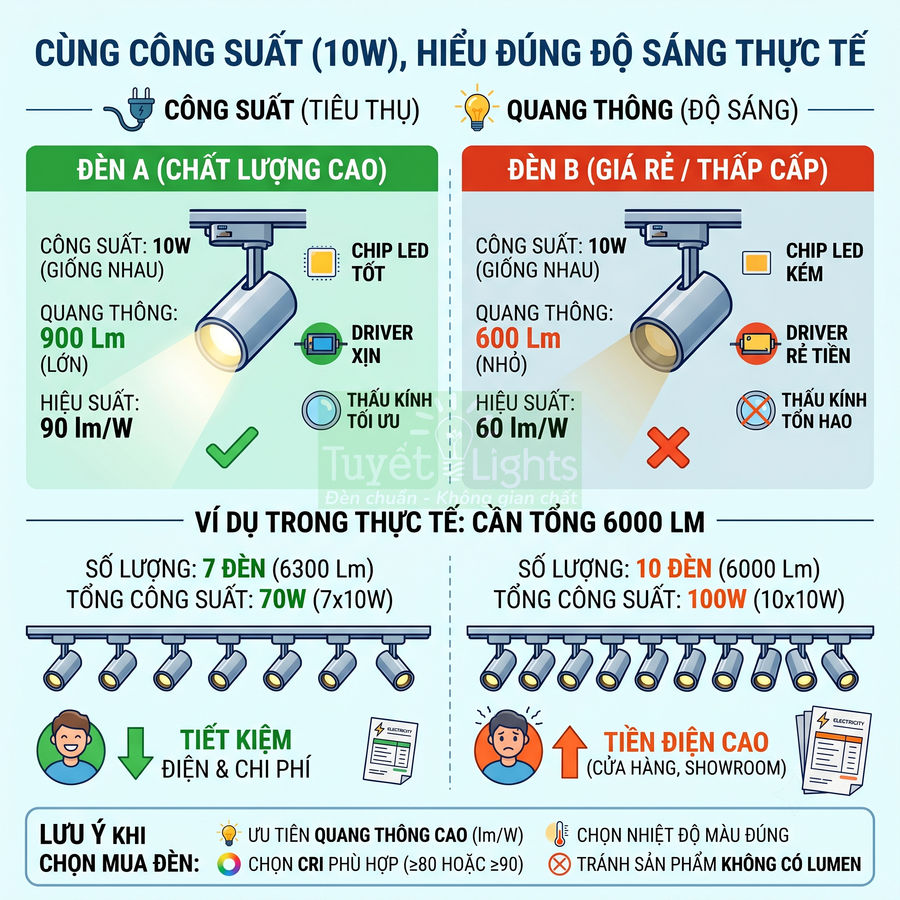 Infographic so sánh đèn LED Tuyết Lights chất lượng cao và đèn LED giá rẻ cùng công suất 10W
