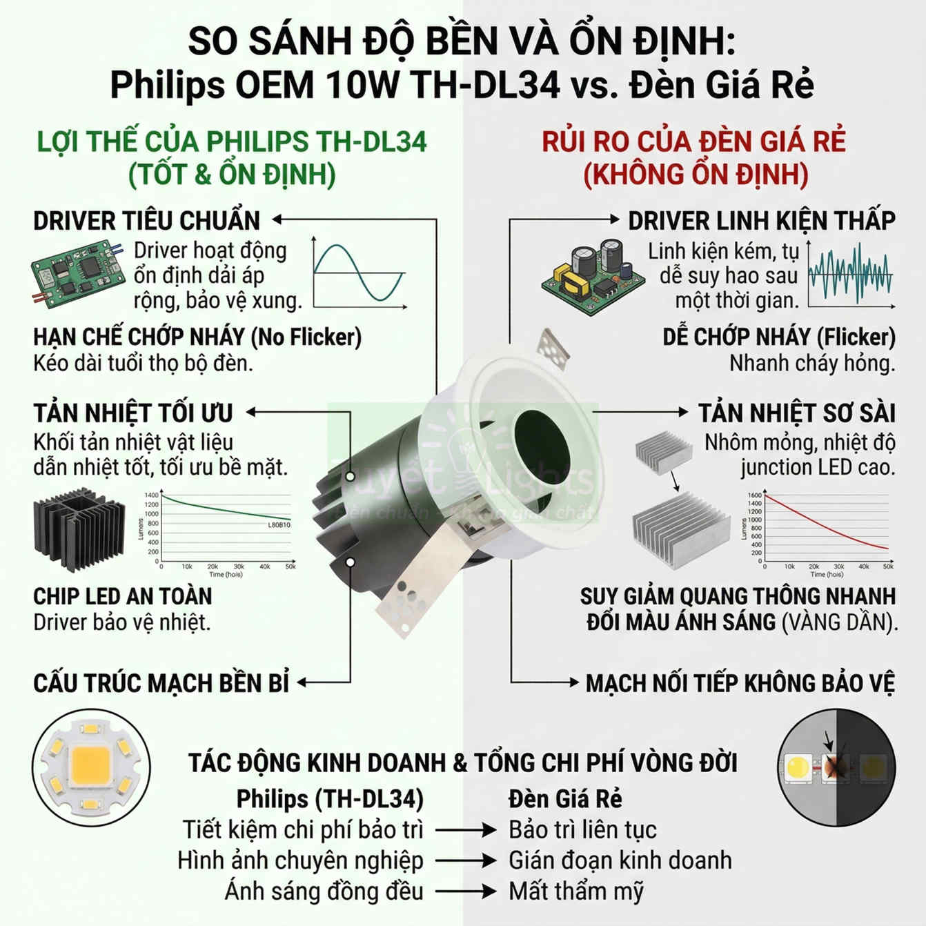 So sánh đèn LED âm trần Philips OEM 10W TH DL34 với đèn giá rẻ về độ bền và ổn định