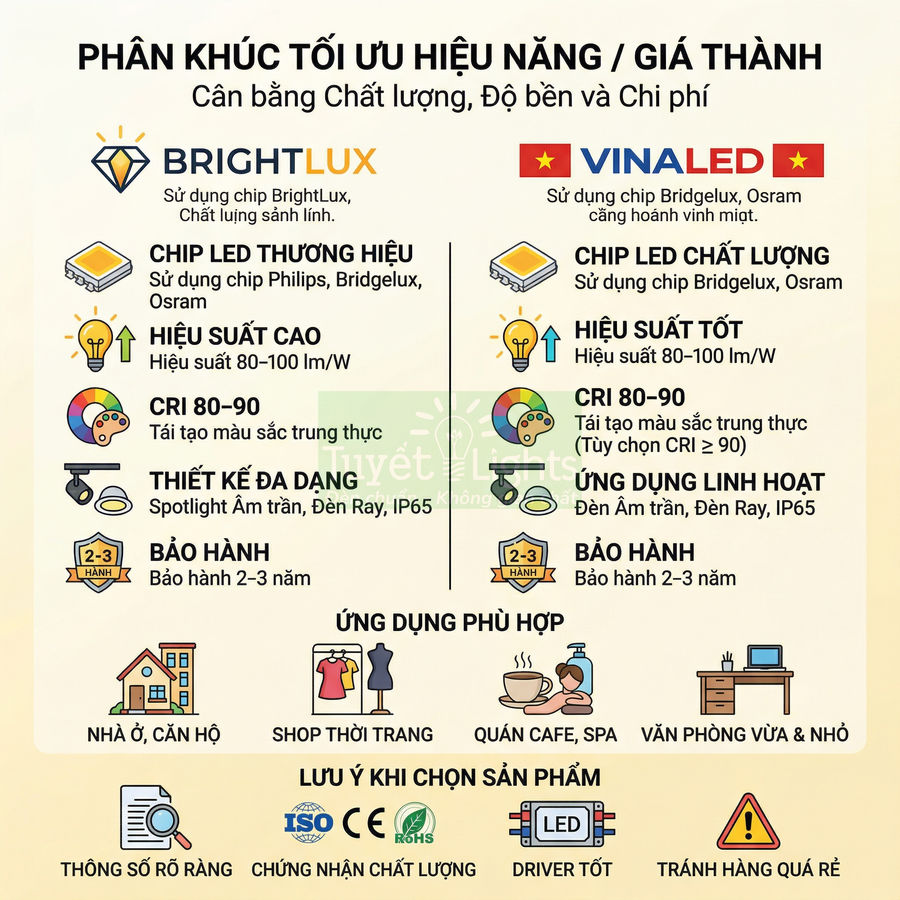 So sánh đèn LED BrightLux và Vinaled về chip LED, hiệu suất, CRI, bảo hành và ứng dụng chiếu sáng