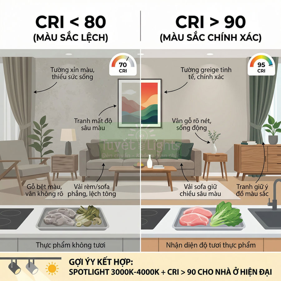 So sánh phòng khách và bếp dùng đèn CRI thấp và đèn CRI cao, thể hiện sự khác biệt độ trung thực màu sắc