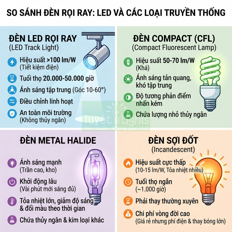So sánh ưu nhược điểm đèn LED rọi ray với đèn compact, đèn metal halide và đèn sợi đốt
