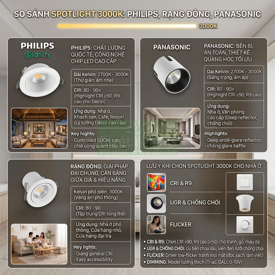 So sánh đèn spotlight 3000K Philips, Rạng Đông, Panasonic cho chiếu sáng nhà ở và phòng khách