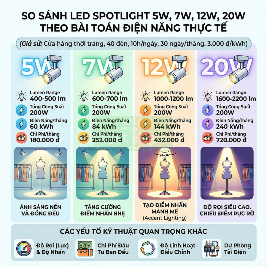 Infographic so sánh đèn LED spotlight 5W 7W 12W 20W về độ sáng chiếu điểm và chi phí điện cho cửa hàng thời trang