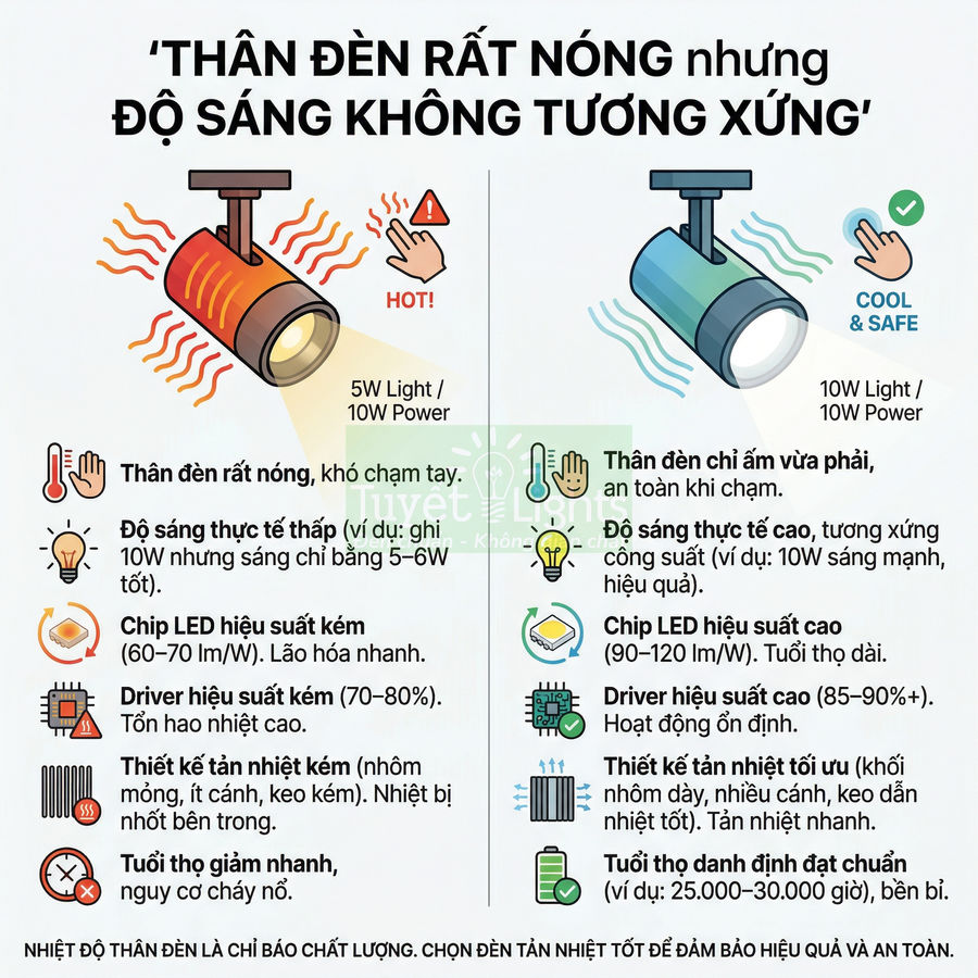 So sánh đèn LED thân nóng và đèn LED tản nhiệt tốt, minh họa độ sáng, công suất và độ an toàn khi sử dụng