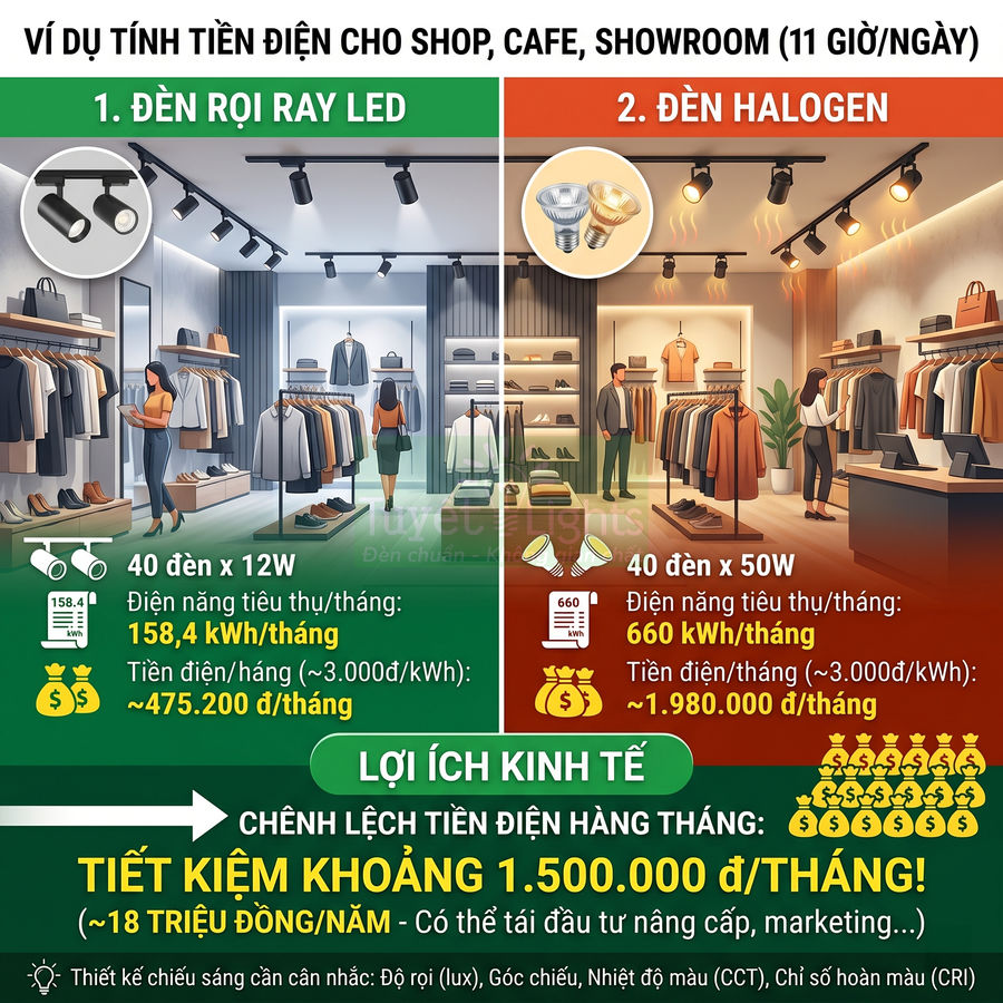 So sánh chi phí điện đèn rọi ray LED và đèn halogen cho shop quần áo, nhấn mạnh tiết kiệm với LED