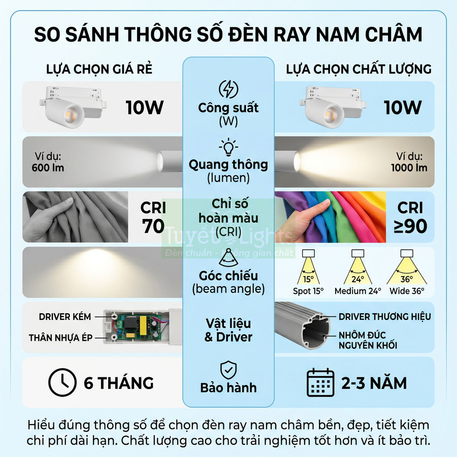 So sánh đèn ray nam châm giá rẻ và cao cấp 10W về quang thông CRI góc chiếu vật liệu driver và bảo hành