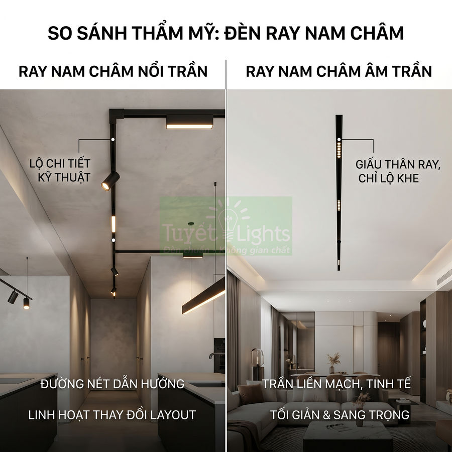 So sánh đèn ray nam châm nổi trần và âm trần trong không gian phòng khách hiện đại