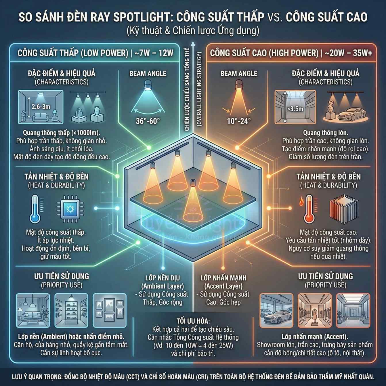 Infographic so sánh đèn ray spotlight công suất thấp và công suất cao cho chiếu sáng nội thất