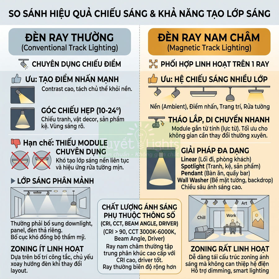 So sánh đèn ray thường và đèn ray nam châm về hiệu quả chiếu sáng và khả năng tạo lớp sáng