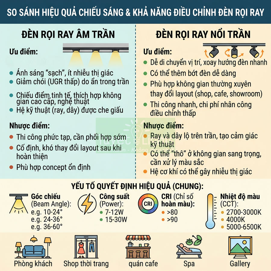 Infographic so sánh ưu nhược điểm đèn rọi ray âm trần và đèn rọi ray nổi trần, gợi ý ứng dụng chiếu sáng