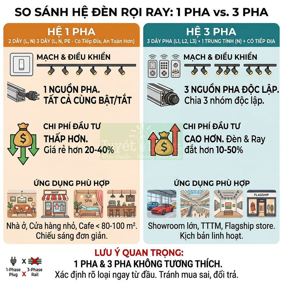 So sánh hệ đèn rọi ray 1 pha và 3 pha, ưu nhược điểm và ứng dụng cho nhà ở, cửa hàng, showroom