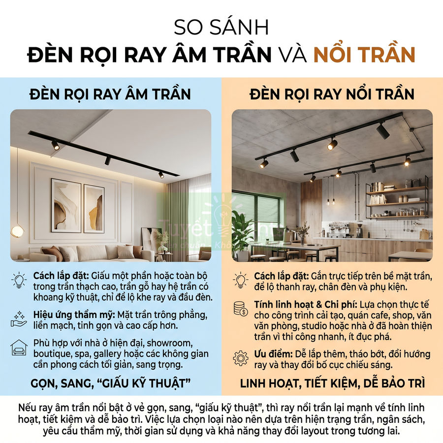 Đèn rọi ray âm trần và nổi trần khác nhau như thế nào?