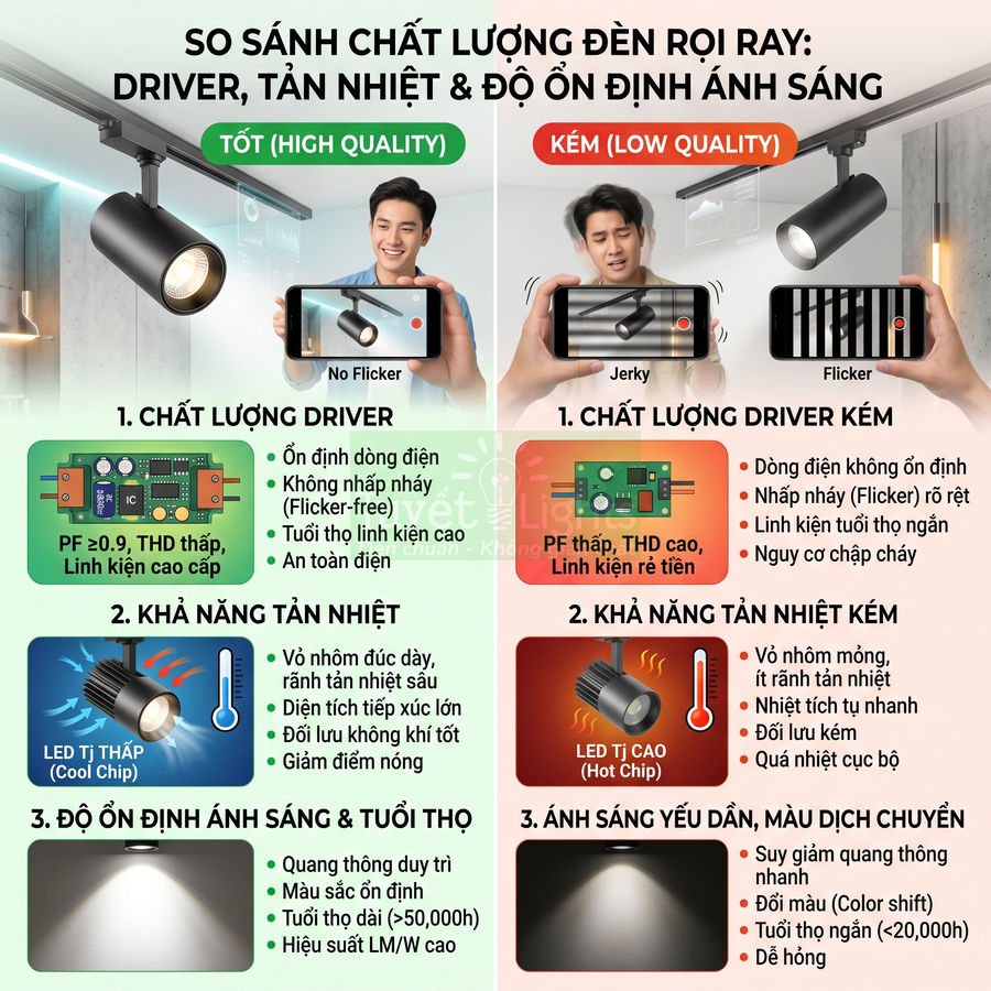 So sánh đèn rọi ray chất lượng cao và kém về driver, tản nhiệt, độ ổn định ánh sáng, tuổi thọ và độ nhấp nháy