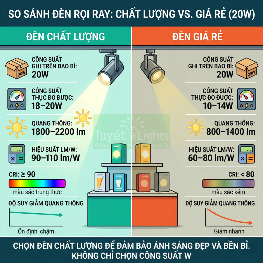 So sánh đèn rọi ray Tuyết Lights chất lượng và đèn giá rẻ 20W về công suất, quang thông, hiệu suất và độ bền