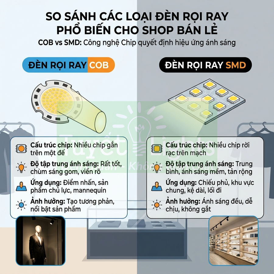 So sánh đèn rọi ray COB và SMD cho shop bán lẻ về cấu trúc chip, độ tập trung ánh sáng và ứng dụng chiếu sáng