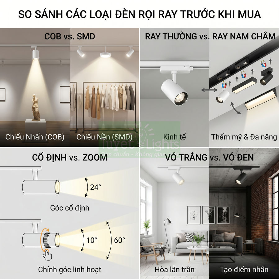 So sánh các loại đèn rọi ray COB SMD, ray thường ray nam châm, cố định zoom, vỏ trắng vỏ đen trong nội thất