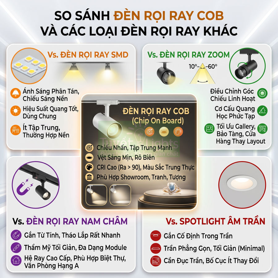 So sánh đèn rọi ray COB với đèn rọi ray SMD, zoom, nam châm và spotlight âm trần cho chiếu sáng nội thất