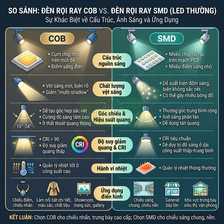 Infographic so sánh đèn rọi ray COB và đèn rọi ray SMD về cấu trúc, chất lượng ánh sáng và ứng dụng chiếu sáng