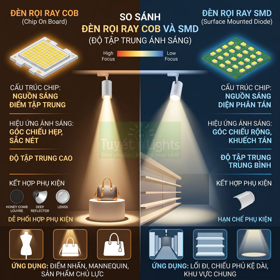So sánh đèn rọi ray COB và SMD về độ tập trung ánh sáng và ứng dụng chiếu điểm, chiếu kệ trưng bày