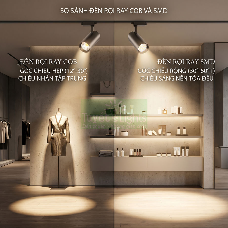 So sánh ánh sáng đèn rọi ray COB và SMD trong cửa hàng thời trang, chiếu mannequin và kệ trưng bày sản phẩm