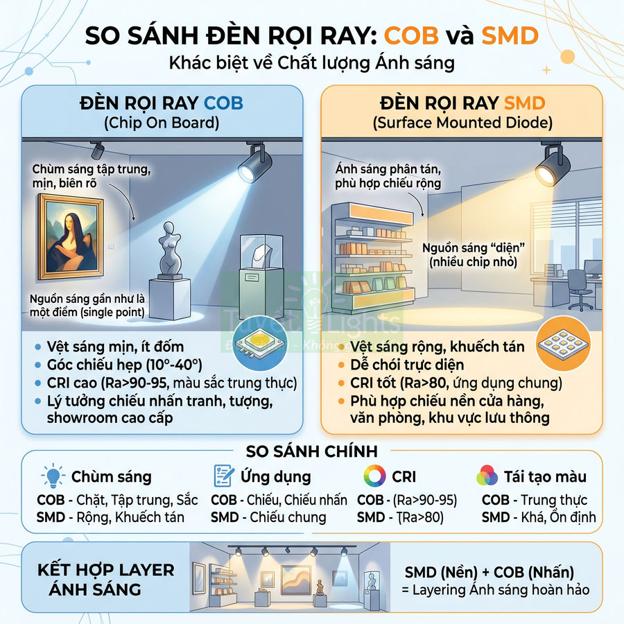 So sánh đèn rọi ray COB và SMD, minh họa chùm sáng tập trung và khuếch tán cho tranh, tượng, kệ trưng bày