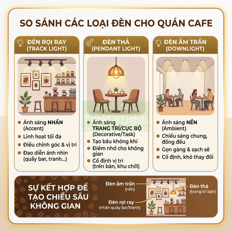 Infographic so sánh đèn rọi ray, đèn thả và đèn âm trần dùng trang trí chiếu sáng quán cafe