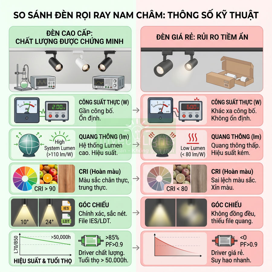 So sánh đèn rọi ray nam châm cao cấp và đèn giá rẻ qua các thông số kỹ thuật và hiệu suất chiếu sáng