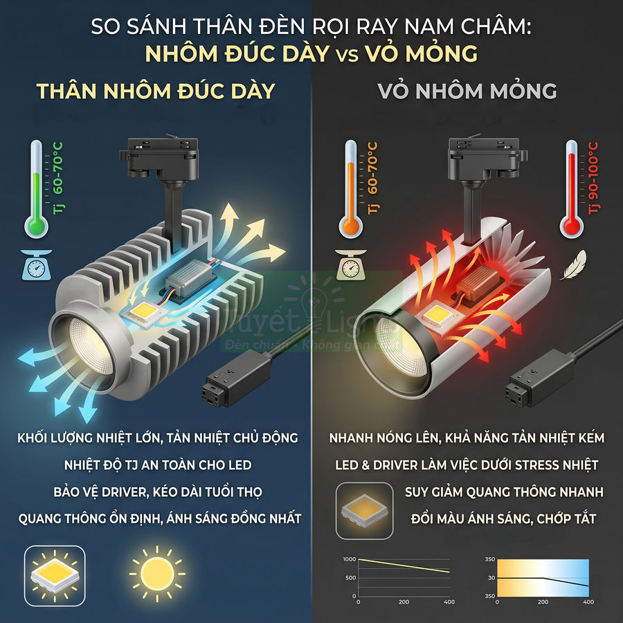 So sánh đèn rọi ray nam châm thân nhôm đúc dày và vỏ nhôm mỏng về khả năng tản nhiệt và độ bền
