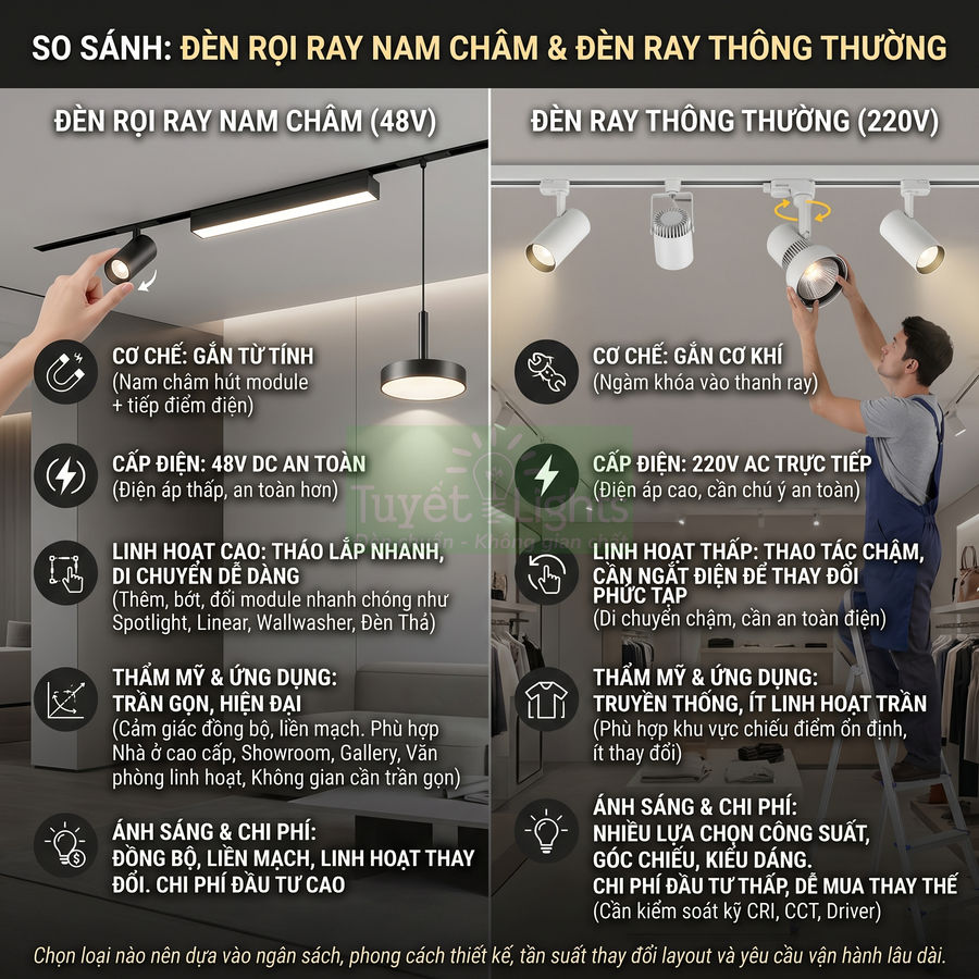 Đèn rọi ray nam châm khác gì so với đèn ray thông thường?