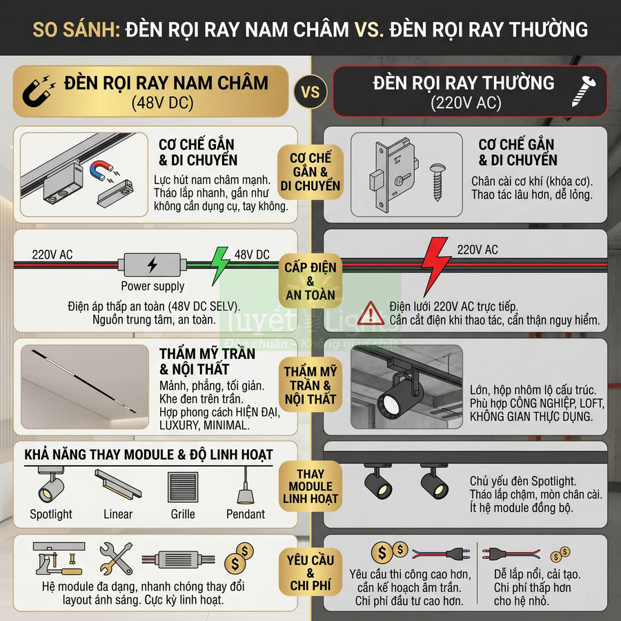 So sánh đèn rọi ray nam châm 48V DC và đèn rọi ray thường 220V AC về cơ chế gắn, an toàn, thẩm mỹ, chi phí