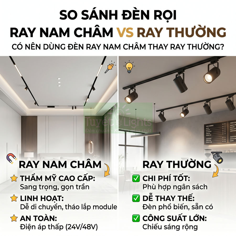 So sánh đèn rọi ray nam châm và ray thường với ưu điểm về thẩm mỹ, linh hoạt, an toàn và chi phí, công suất chiếu sáng