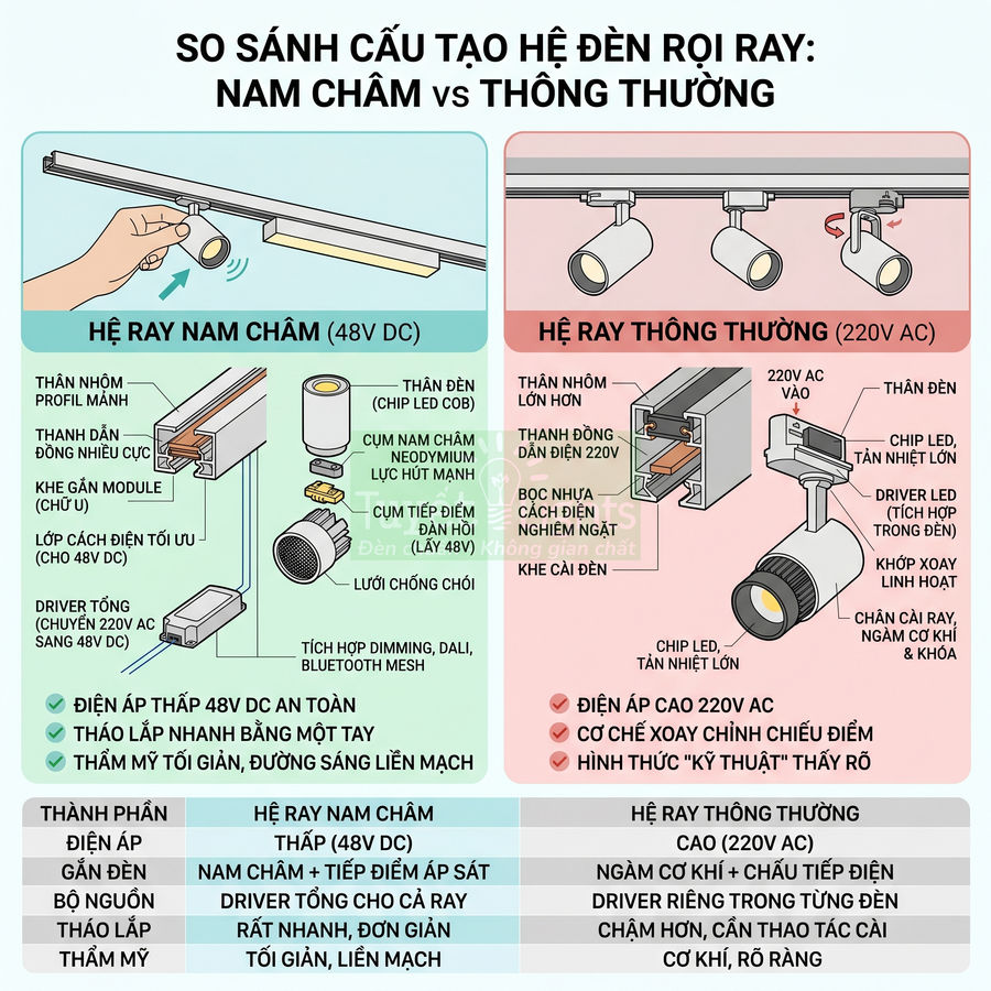 So sánh cấu tạo hệ đèn rọi ray nam châm 48V DC và hệ ray thông thường 220V AC kèm ưu nhược điểm