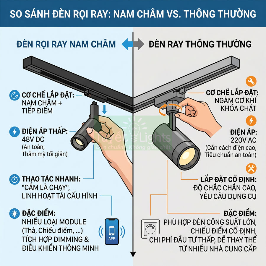 So sánh đèn rọi ray nam châm và đèn ray thông thường về cơ chế lắp đặt, điện áp và tính linh hoạt