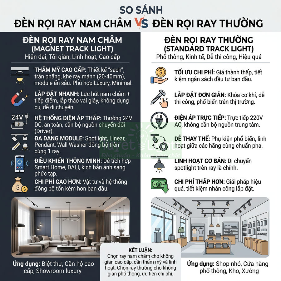 So sánh đèn rọi ray nam châm và đèn rọi ray thường với ưu nhược điểm và ứng dụng cho từng loại không gian