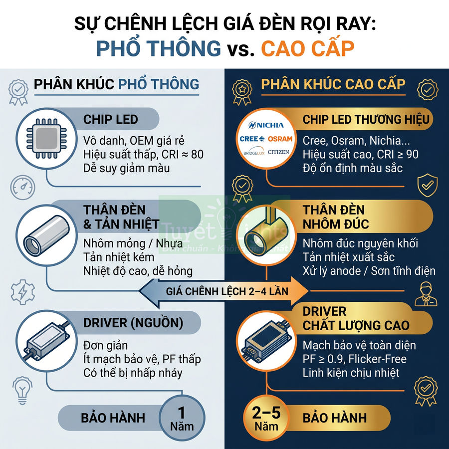So sánh cấu tạo và chất lượng đèn rọi ray phổ thông và đèn rọi ray cao cấp cho nội thất