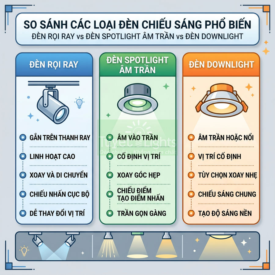 So sánh ưu nhược điểm đèn rọi ray, đèn spotlight âm trần và đèn downlight cho chiếu sáng nội thất