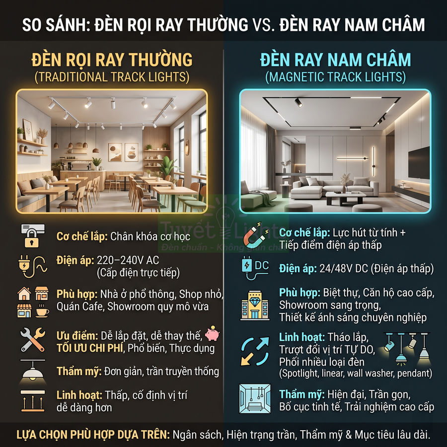 So sánh đèn rọi ray thường và đèn rọi ray nam châm